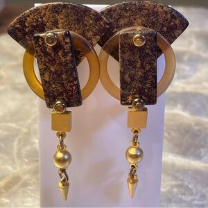 Vintage Artisan Bohemian Artistic Gold and Brown Dangle Pierced Earrings